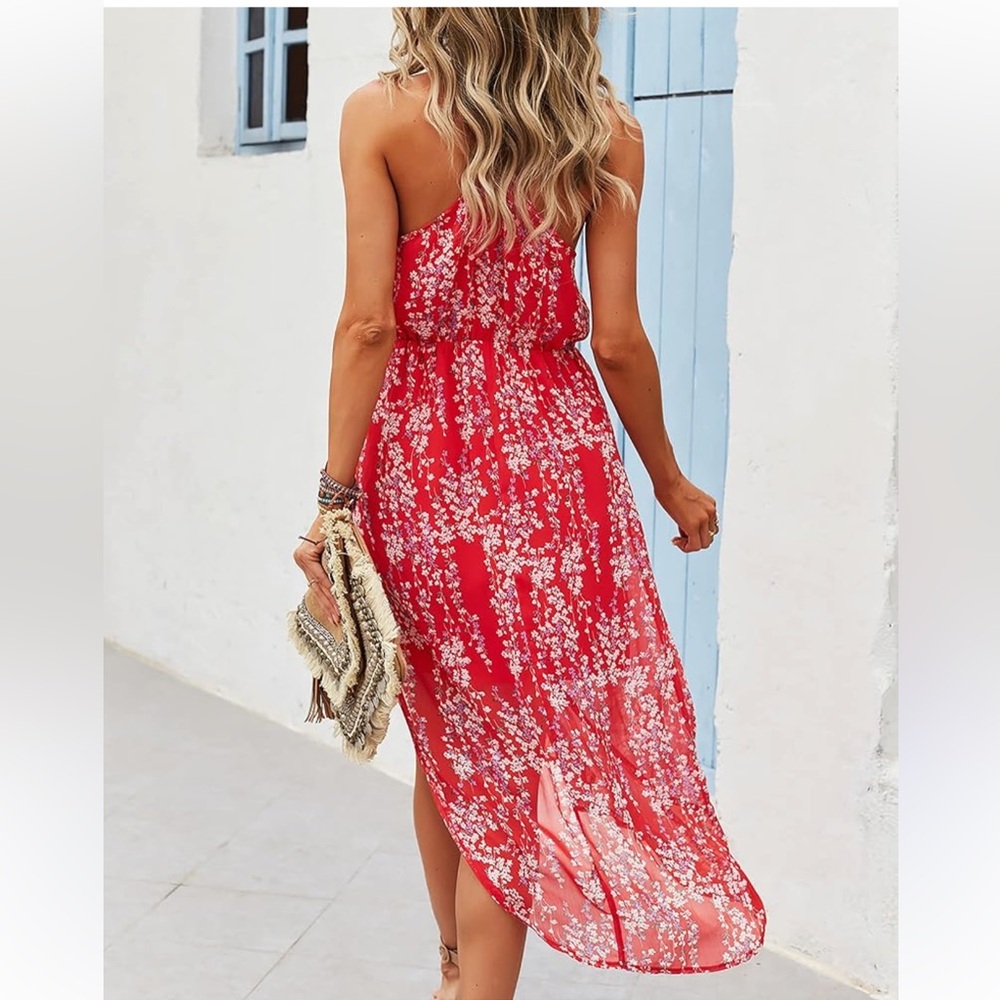 EcoWish Sundress Midi Boho Halter Sleeveless Asymmetrical Red Floral Cocktail - Picture 4 of 8
